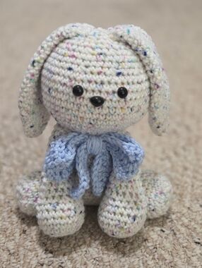 Handmade Crocheted Blue Speckled Bunny Plush with Blue Bow